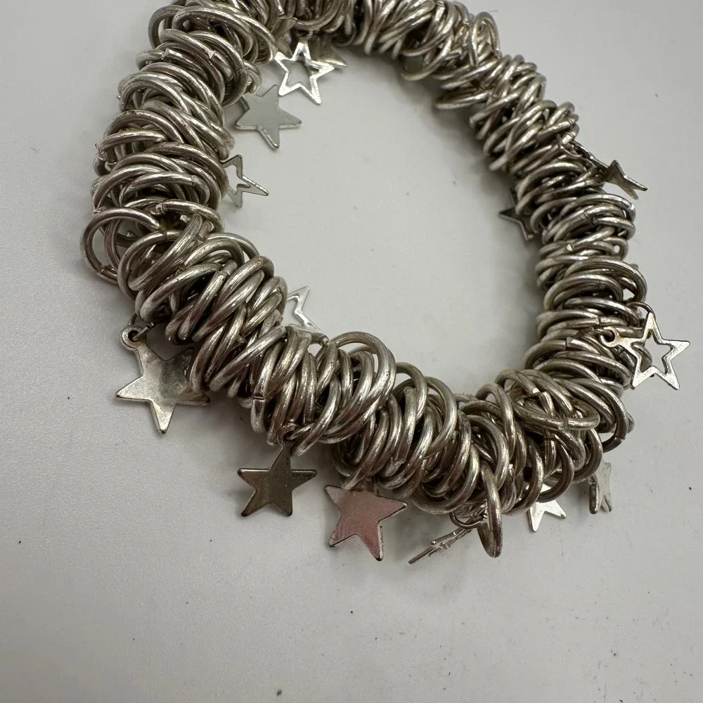 VTG Silver Tone Multi Ring Coil Star Charm Stretch Bracelet Chunky Celestial Y2K